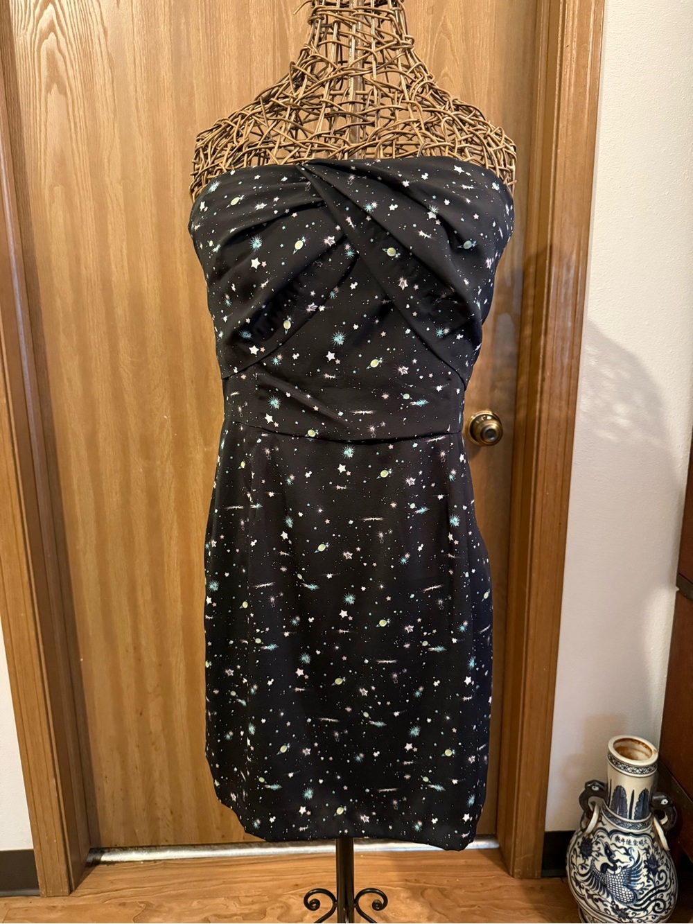 BCBGeneration Black Strapless Galaxy Print Dress
